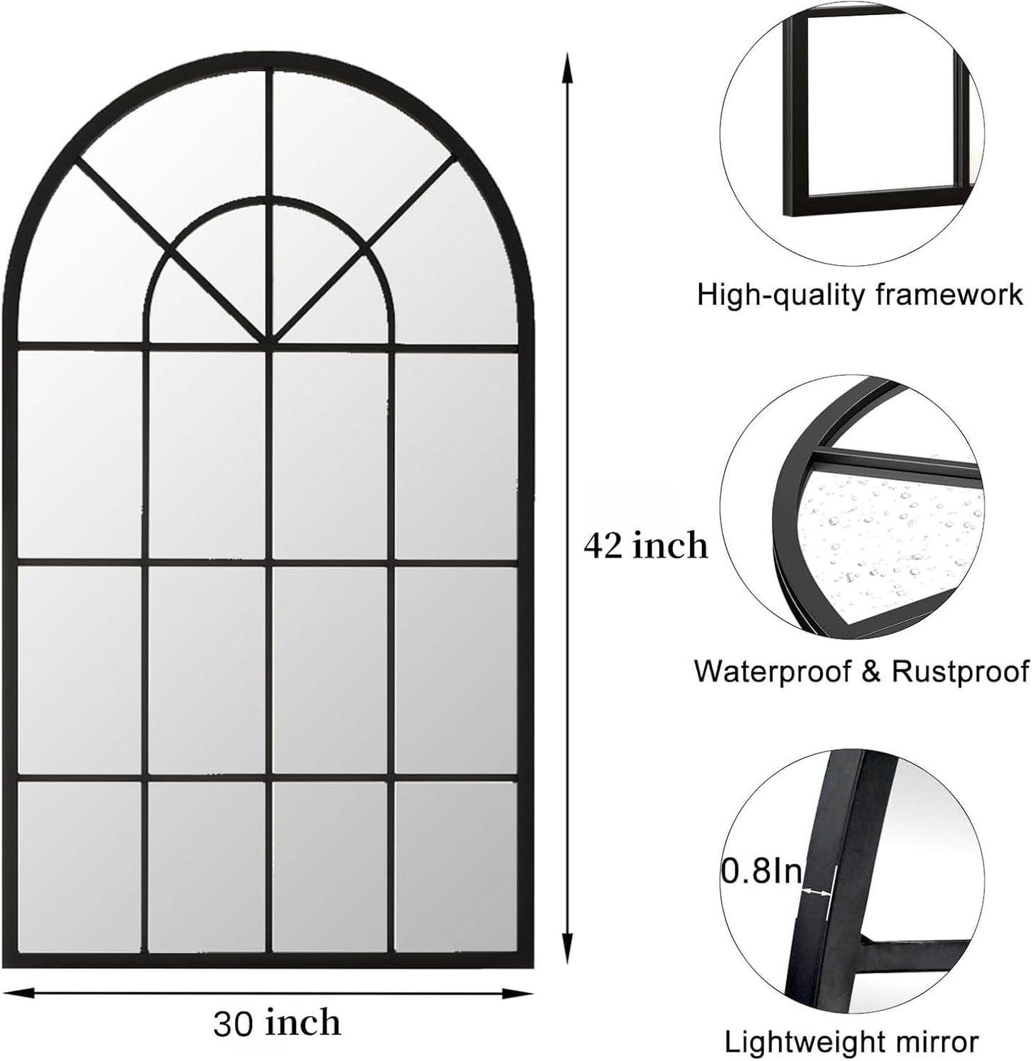 Dewfig 65"x 22" Arched Window pane Full Length Mirror, Wall Mirror, Floor Standing Mirrors, Farmhouse Long Full Body Mirrors Wall Mounted for Living Room, Bedroom, Entryway, Fireplace, Black