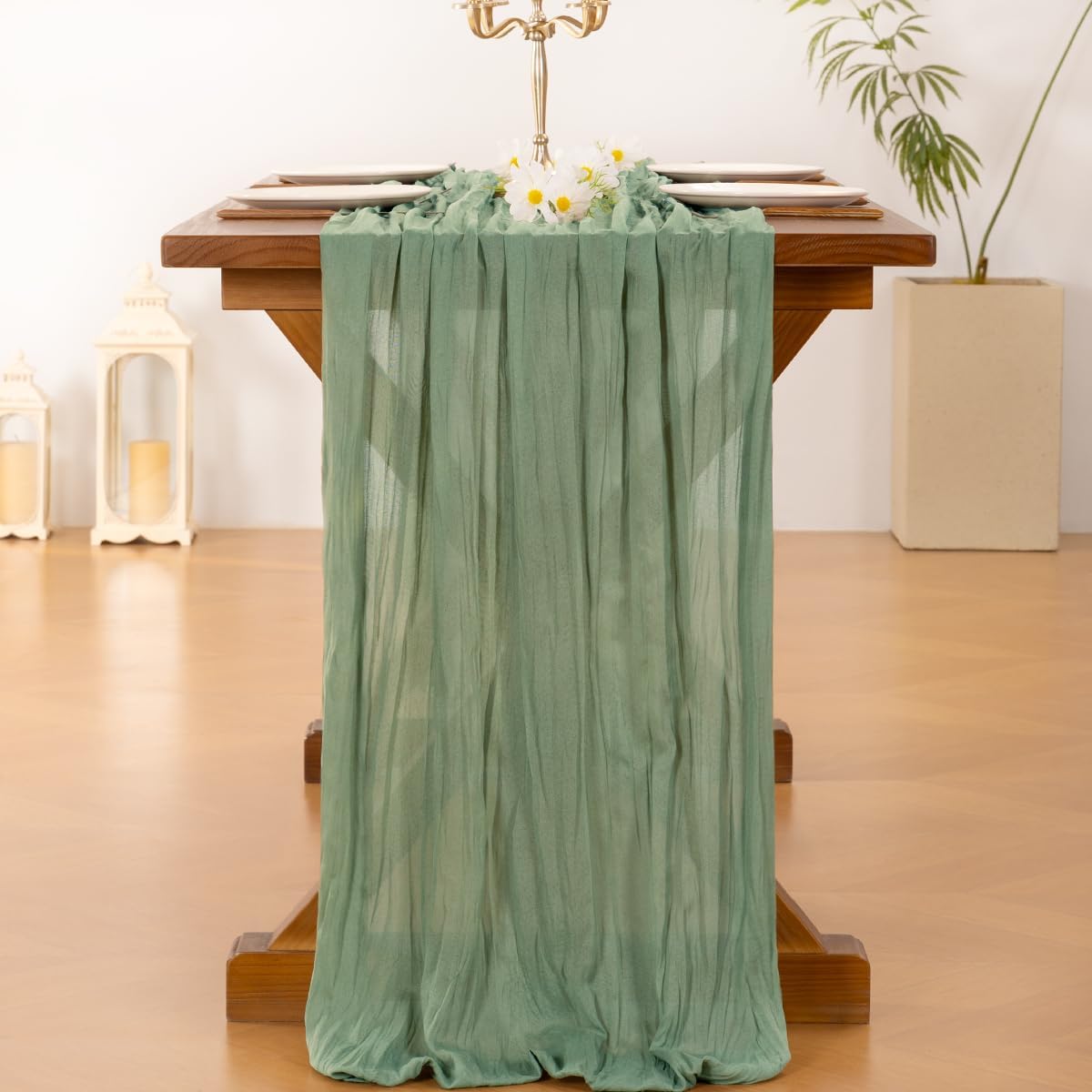Socomi 3pcs Sage Green Cheesecloth Table Runner Summer Boho Rustic Gauze 120 inch 10FT Cheese Cloth Sheer Runner for Wedding Party Baby Shower Home Decor Holiday Decorations
