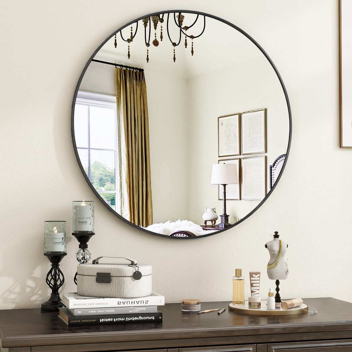 VooBang Large Black Round Bathroom Mirror, 48 inch Circle Wall Mounted Hanging Mirror with Simple Modern Circular Metal Frame for Hallway, Entryway, Living Room, Black Frame