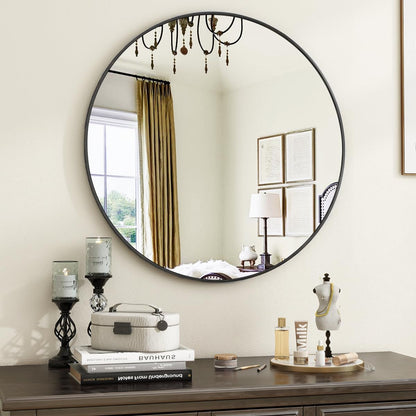 VooBang Large Black Round Bathroom Mirror, 48 inch Circle Wall Mounted Hanging Mirror with Simple Modern Circular Metal Frame for Hallway, Entryway, Living Room, Black Frame