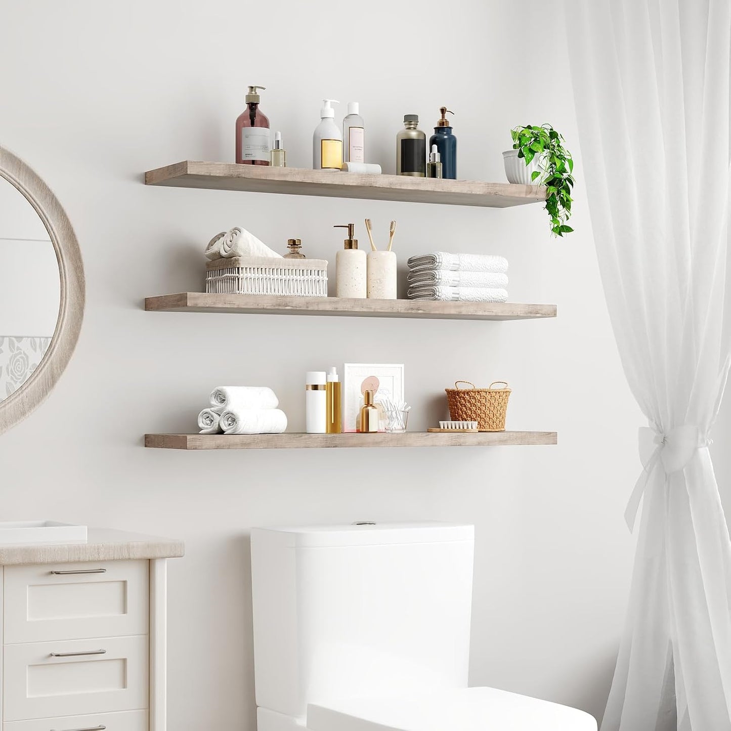 RALGEND Floating Shelves for Wall, 1.5" Thick Wall Shelf Set of 3 with Invisible Brackets, L31.5 x W7.9 Hanging Shelves Farmhouse Home Decor for Bathroom, Living Room, Bedroom, Rustic Brown 8301BJP3BF