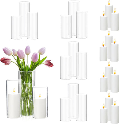 24 Pcs White Pillar Candles and Glass Candle Holders Cylinder Candle Vases for Pillar Candles Hurricane Candle Holders Set for Wedding Party, Event, Home Office Decor