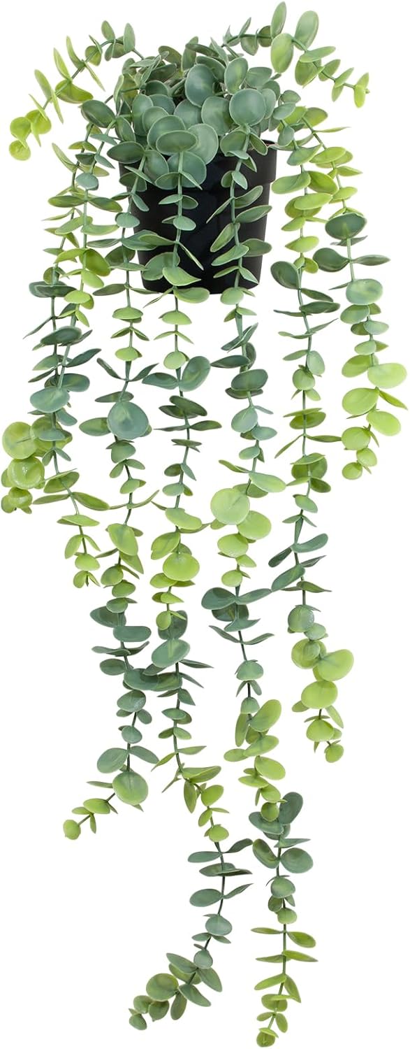 LOYWREE Fake Plants Indoor Artificial String of Pearls Plant in Black Pots, Realistic Green Faux Succulent Hanging Plants for Shelf Decor Desk Home Garden Decorations