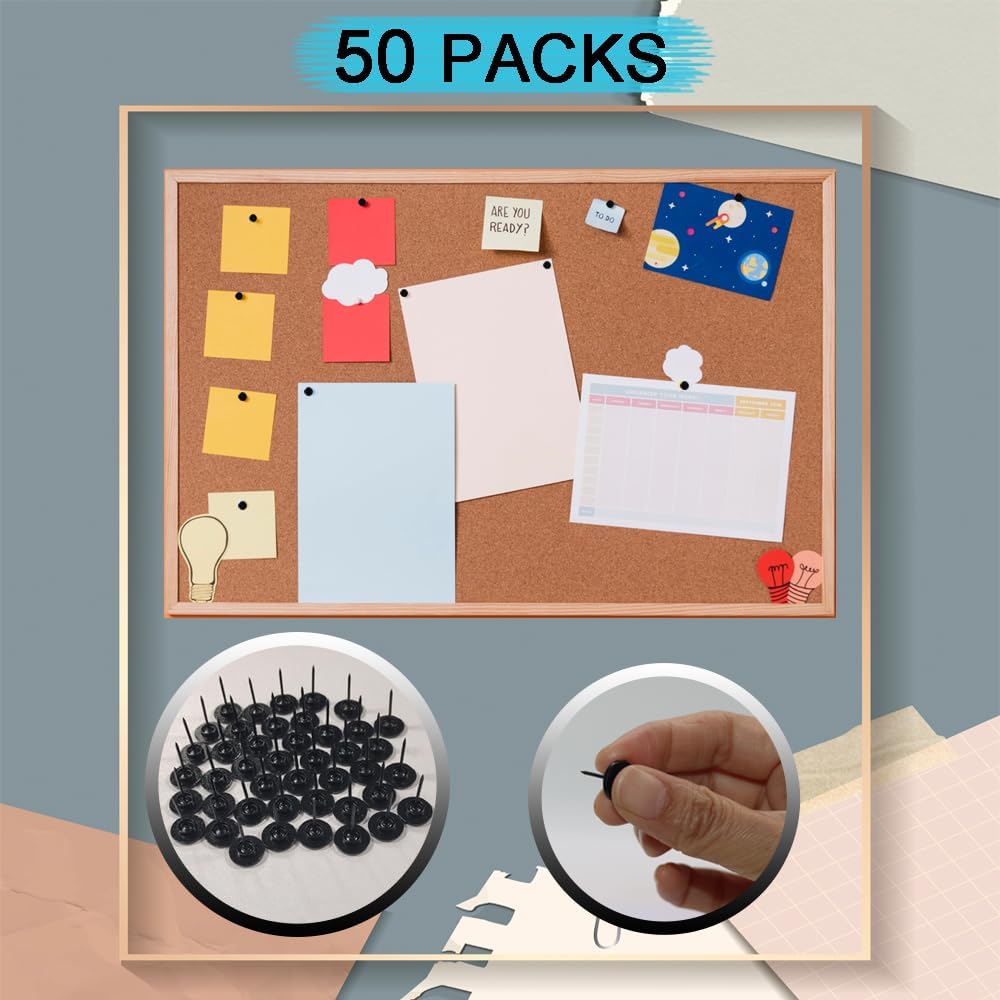 50 PCS Push Pins Picture Hangers Wall Hooks, Double Headed Thumb Tacks for Wall Hangings, Renter Friendly Decor Small Picture Frame Hangers for Drywall Cork Board Home Office Photo Decorations(Black)