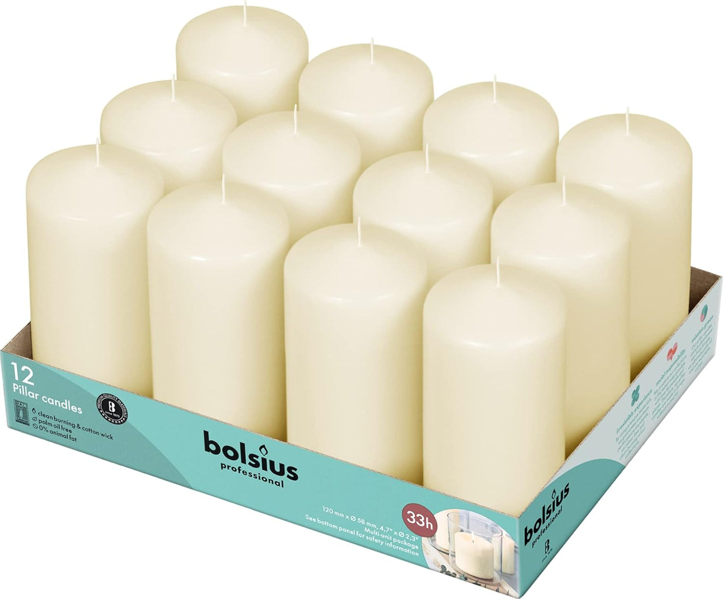 BOLSIUS 12 Ivory Pillar Candles Bulk - 2.3 x 3 inch Candle Set - 17 Hours Clean Burning - No Palm Oil - 0% Animal Fat - Premium European Quality - Wedding, Party, Dinner & Emergency Candles