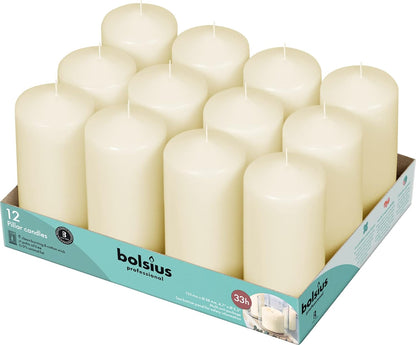 BOLSIUS 12 Ivory Pillar Candles Bulk - 2.3 x 3 inch Candle Set - 17 Hours Clean Burning - No Palm Oil - 0% Animal Fat - Premium European Quality - Wedding, Party, Dinner & Emergency Candles