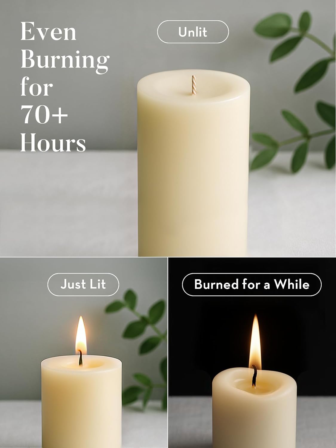 Ashlux 3x4 Inch White Pillar Candles, Set of 3 Wax, 56 Hours Long Burning, Unscented and Dripless Pillar Candles Bulk for Christmas Lights, Wedding, Parties, Spas, Home Decorative