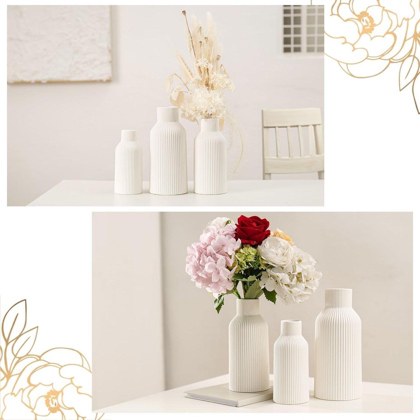 Bohemian White Ceramic Vase - for Pampas Grass, Mantel, Bookshelf, Entryway and Living Room Decor (White, 7in)