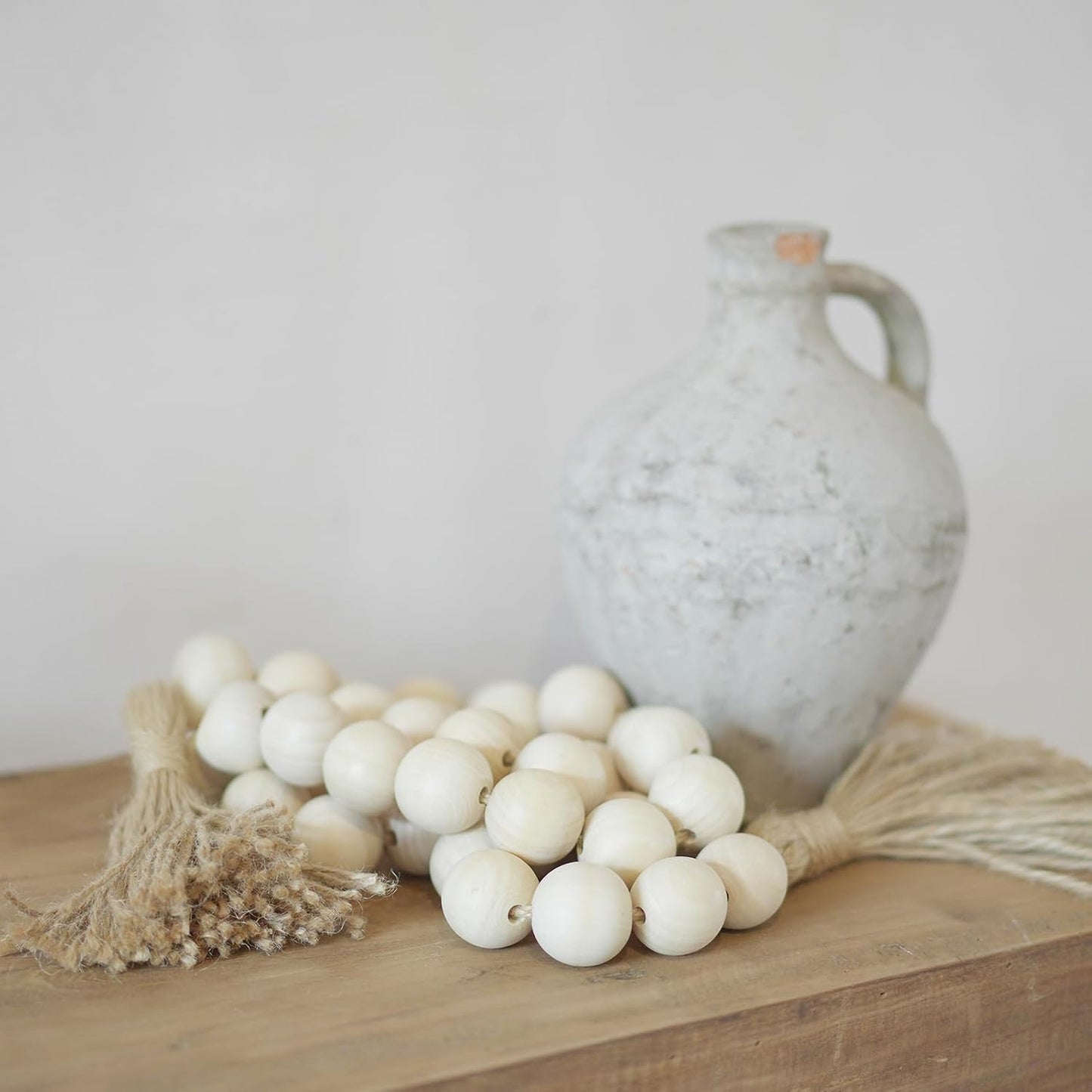 Extra Large Wood Bead Garland with 1.4" Diameter Wood Beads, Wooden Beads Garland with Tassels, Decorative Beads Home Decor, Farmhouse Beads Decor (Natural, 50 Inches)