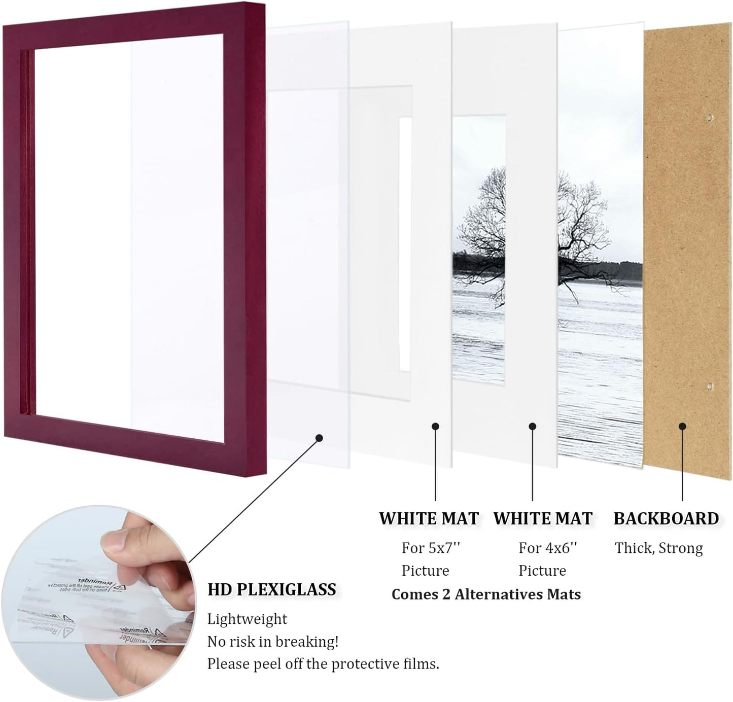 Egofine 12x16 Picture Frame Black, Covered by Plexiglass Made of Solid Wood, Display Pictures 9x12 and 11x14 with Mat or 12x16 Without Mat, for Wall Mounting Photo Frame - Colors A