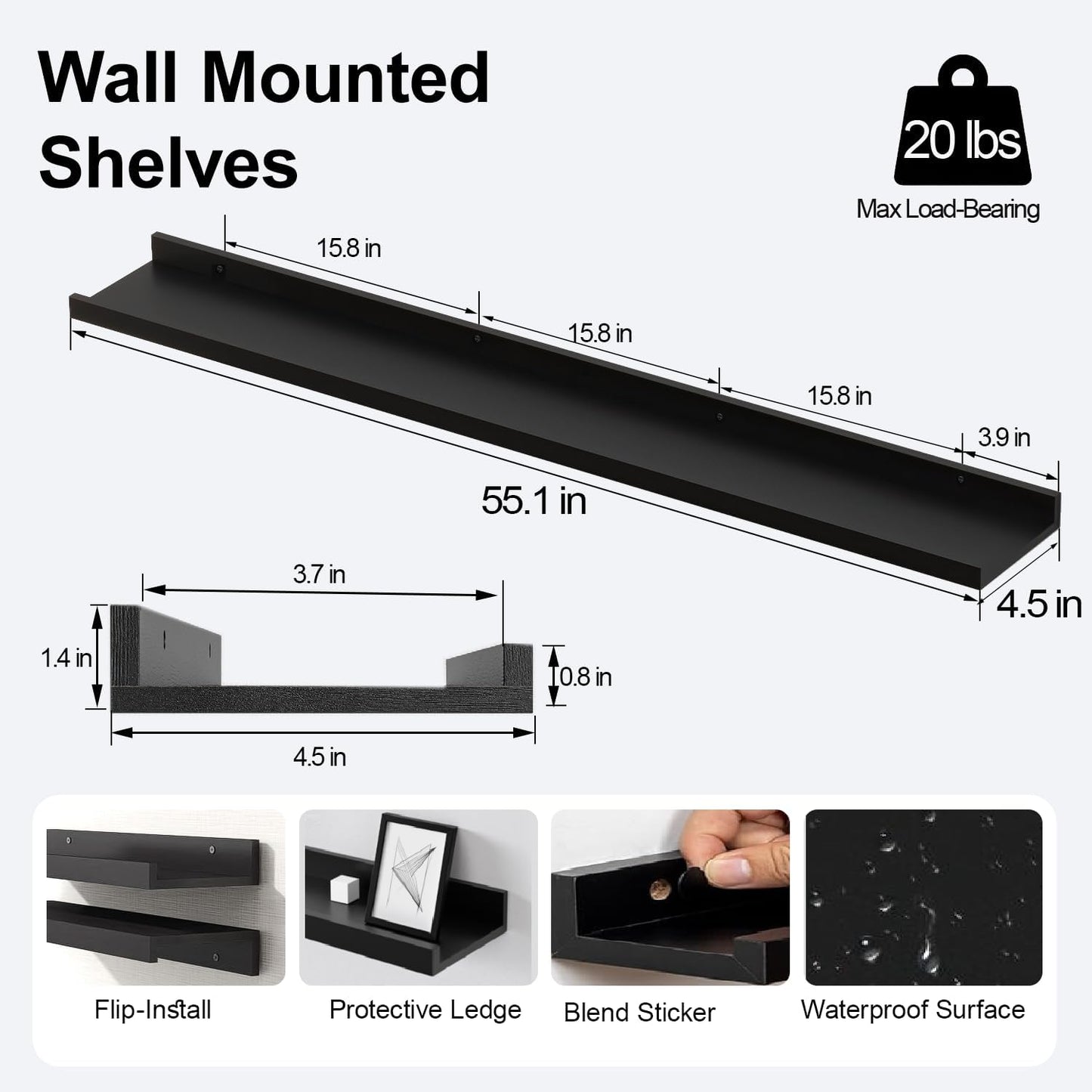 White Floating Shelves for Wall Decor, Wall Mounted Wood Storage Shelf for Bedroom, Living Room, Bathroom, Kitchen, Nursery, Display Picture Ledge Shelf with Lip Set of 2-14 Inches, White