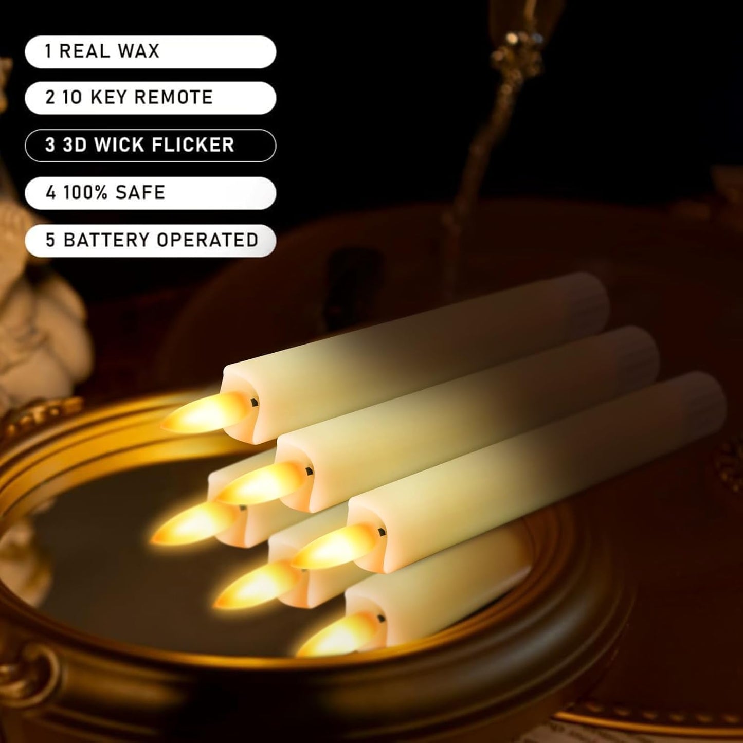 KSWING Upgraded Real Wax Short LED Flameless Taper Candles with Remote, 6 PCS White Candlesticks Battery Operated 3D Flickering - 6" Realistic Fake Candle Sticks for Home/Wedding/Fireplace Xmas Decor