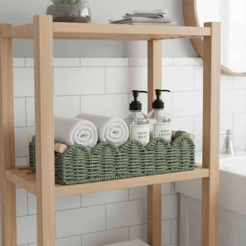 CubesLand Paper Rope Scalloped Edge Toilet Paper Storage Basket, Small Living Room, Bedroom Decor Baskets for Over Toilet Storage Shelf, End Table, Shelves and More, with 2 Wooden Handle, Neutral