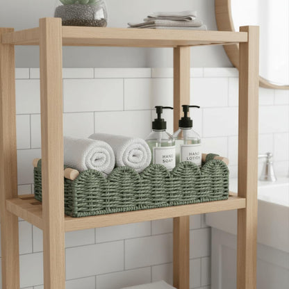 CubesLand Paper Rope Scalloped Edge Toilet Paper Storage Basket, Small Living Room, Bedroom Decor Baskets for Over Toilet Storage Shelf, End Table, Shelves and More, with 2 Wooden Handle, Neutral
