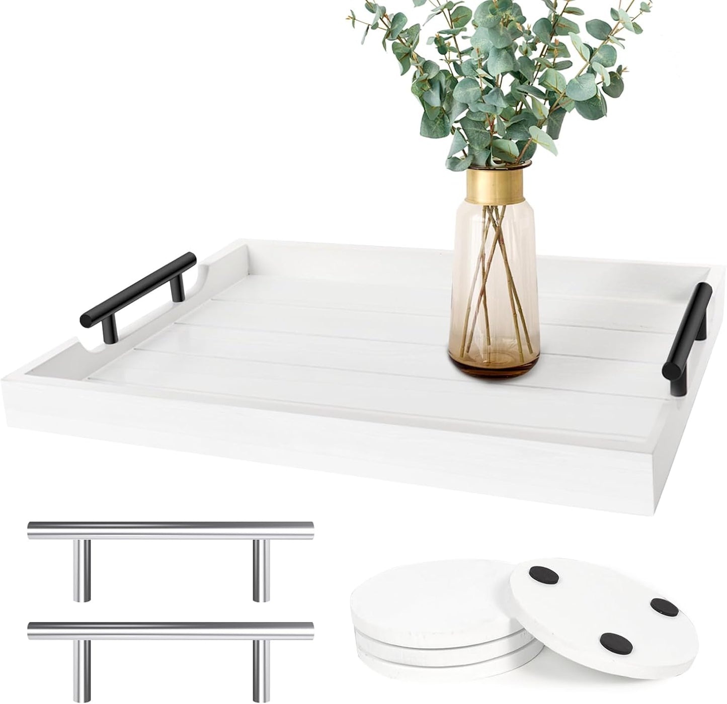 SXNOWS Coffee Table Trays - Large Ottoman Tray for Living Room -Wood Serving Tray with 2 Sets of Handles - Wooden Tray for Coffee Table, 4 Round Coasters Included, Black