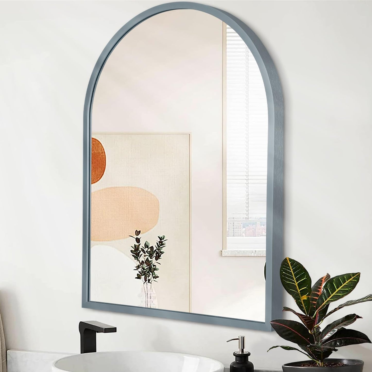 Black Arched Wall Mirror Aluminum Alloy Frame Bathroom Mirror Brushed Metal Vanity Wall Mounted Mirror for LivingRoom Bedroom Entryway Room Home Decor 16"x12"