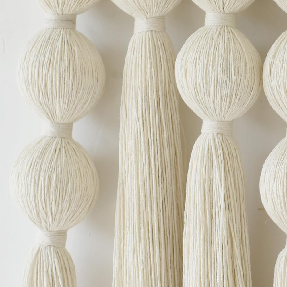 Macrame Wall Hanging Boho Home Decor Handmade Cotton Fiber Art with Neutral Ivory Tassels Modern Bohemian Wall Decor for Living Room Bedroom Apartment 27" W x 22" L