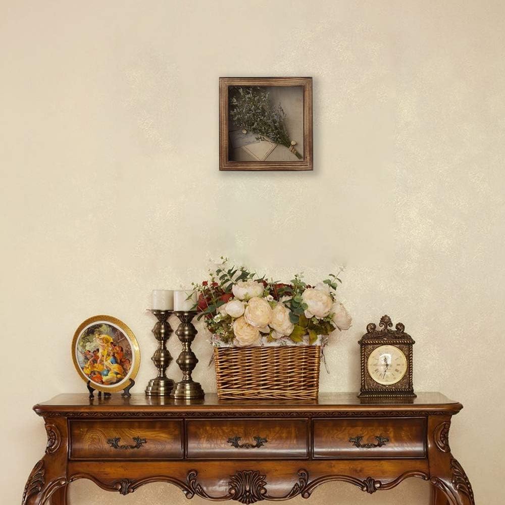Freezing point Shadow Box Frame 8x8 Shadow Boxes Display Case with Linen Back Memorabilia Awards Medals Bouquet Photos Picture Badge Wedding Memory Box for Keepsakes Carbonized Small Pin Board