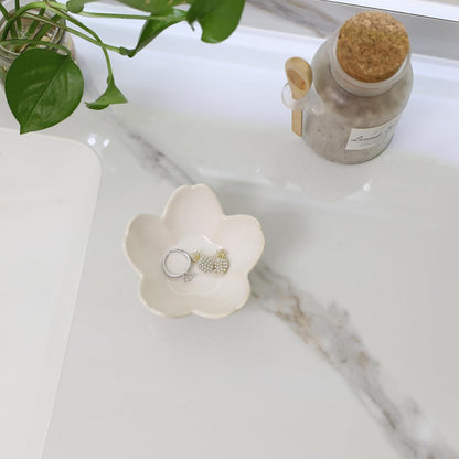 Pink Flower Ring Dish Holder,Jewelry Dish Tray,Small Trinket Tray,Jewelry Plate Bowl,Key Bowl,Decorative Plate,Mothers Day Birthday Gifts for Women Friends,Ceramic Kiln effect White