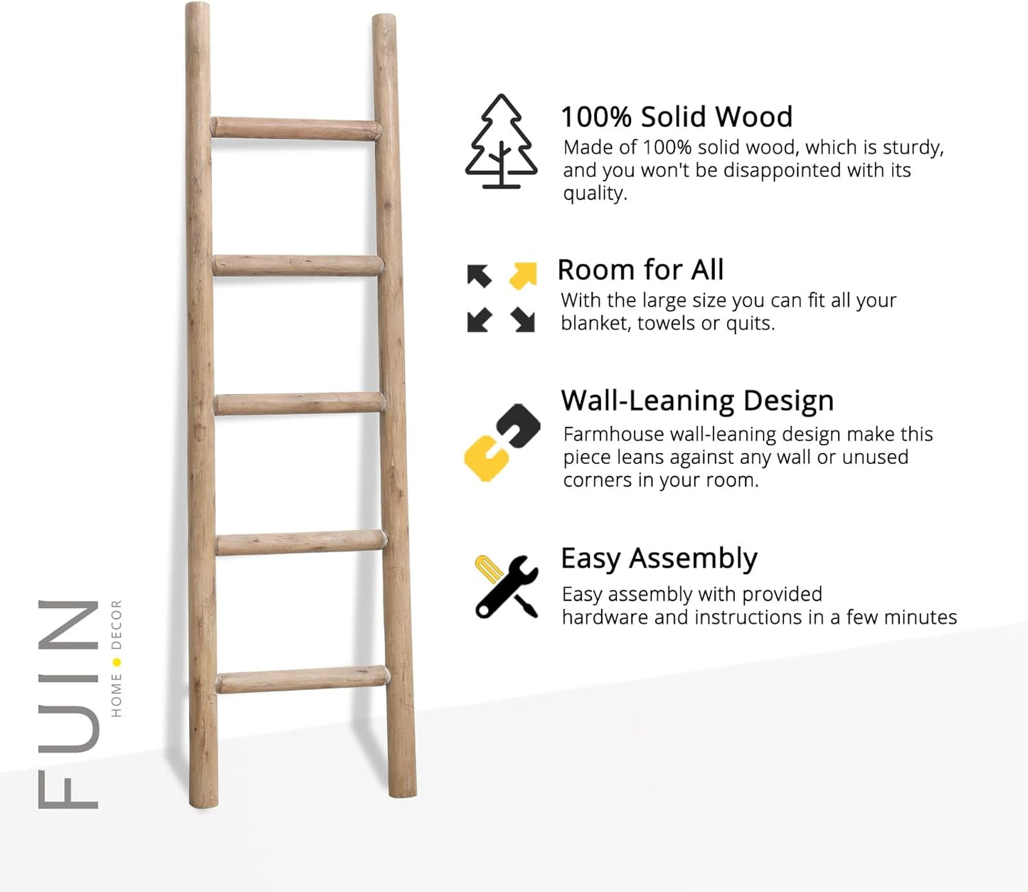 FUIN 57in Wood Blanket Ladder Living Room Decorative Wall Leaning Farmhouse Quilt Display Holder Rustic Wooden Towel Rack for Bathroom, Brown