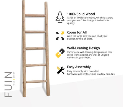 FUIN 57in Wood Blanket Ladder Living Room Decorative Wall Leaning Farmhouse Quilt Display Holder Rustic Wooden Towel Rack for Bathroom, Brown