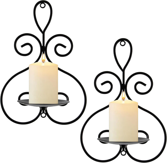 Wall Candle Sconces Set of 2, Double Scroll Pattern Candle Sconces, Metal Wall Candle Holder for Home Decor, Living Room, Dining Room, Bedroom, Black, Gifts for Men Women Mom or Dad