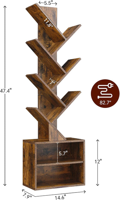 SUNMORY 6 Tier Tree Bookshelf, Small Bookcase with Storage Cabinet, Modern Tall Narrow Bookshelves Organizer, Floor Standing Book Shelf for Bedroom/Living Room/Home Office/Corner, Rustic Brown