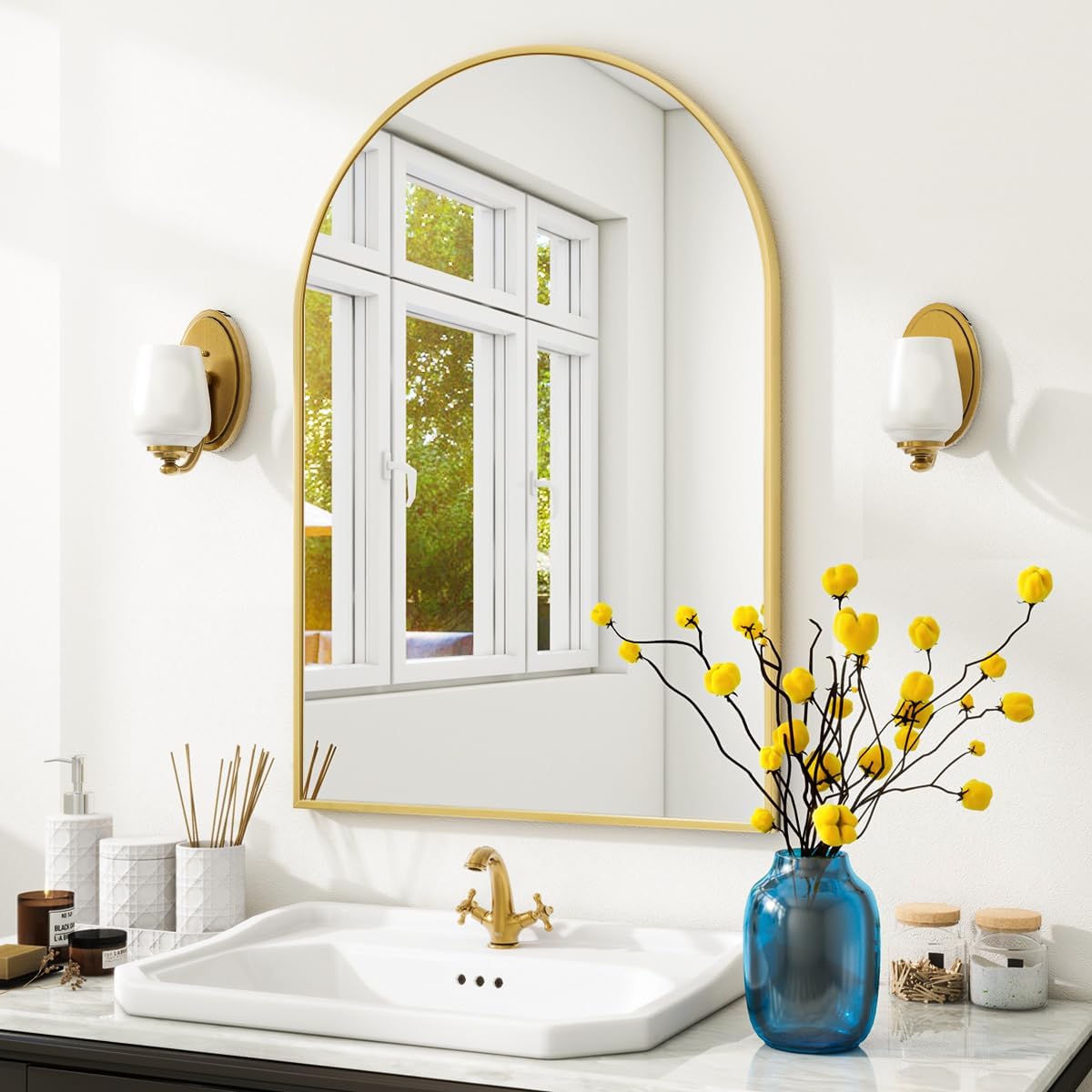 VooBang Arched Wall Mirror, 24 x 36 inch Arch Bathroom Mirror, Wall Mounted Vanity Mirror with Arch Metal Frame, Modern Bathroom Vanity Mirror for Bedroom, Living Room, Hanging or Leaning, Black