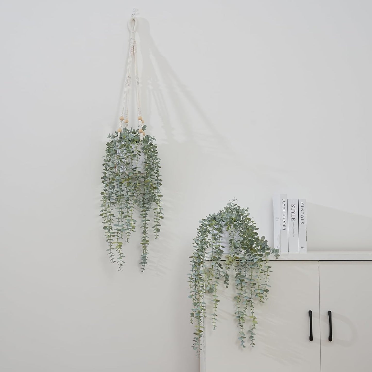 Decorative Hanging Plants for Shelf, Faux Ivy Eucalyptus Vine, Fake Greenery in White Bigger Pot (Light Green, 1PCS)