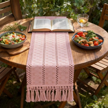 Socomi Boho Table Runner Summer Farmhouse Rustic Dining Kitchen Centerpiece Decor Small Macrame Woven Cotton Linen Coffee Table Runner for Dresser Scarf Home Decor 12x36 inch Beige