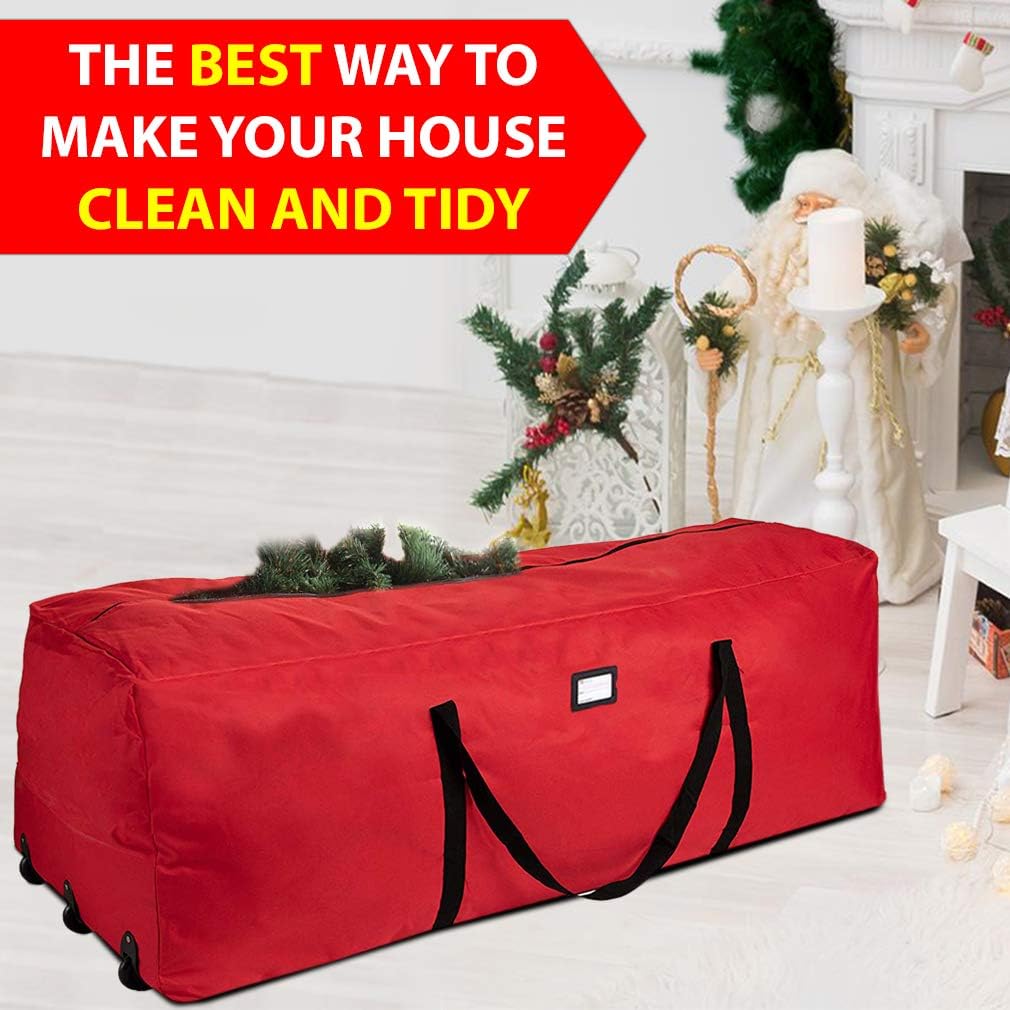 ProPik Rolling Christmas Tree Storage Bag, Fits Up to 9 Ft Tall Disassembled Trees, 28" H X 16.5" W X 60" L, Extra Large Heavy Duty Xmas Storage Container with Wheels & Handles, 600D Oxford (Green)