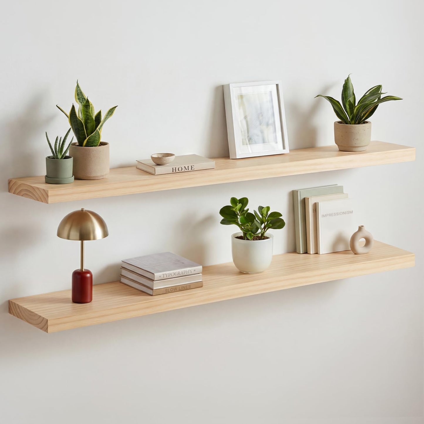 Homeforia 24 inch Natural Floating Shelf, High End Solid Real Wood 24inch Small Floating Shelves for Wall Mounted, Natural Wooden Floating Shelves, Heavy Duty Bracket, 24 X 6.5 X 1.75 in, Set of 2