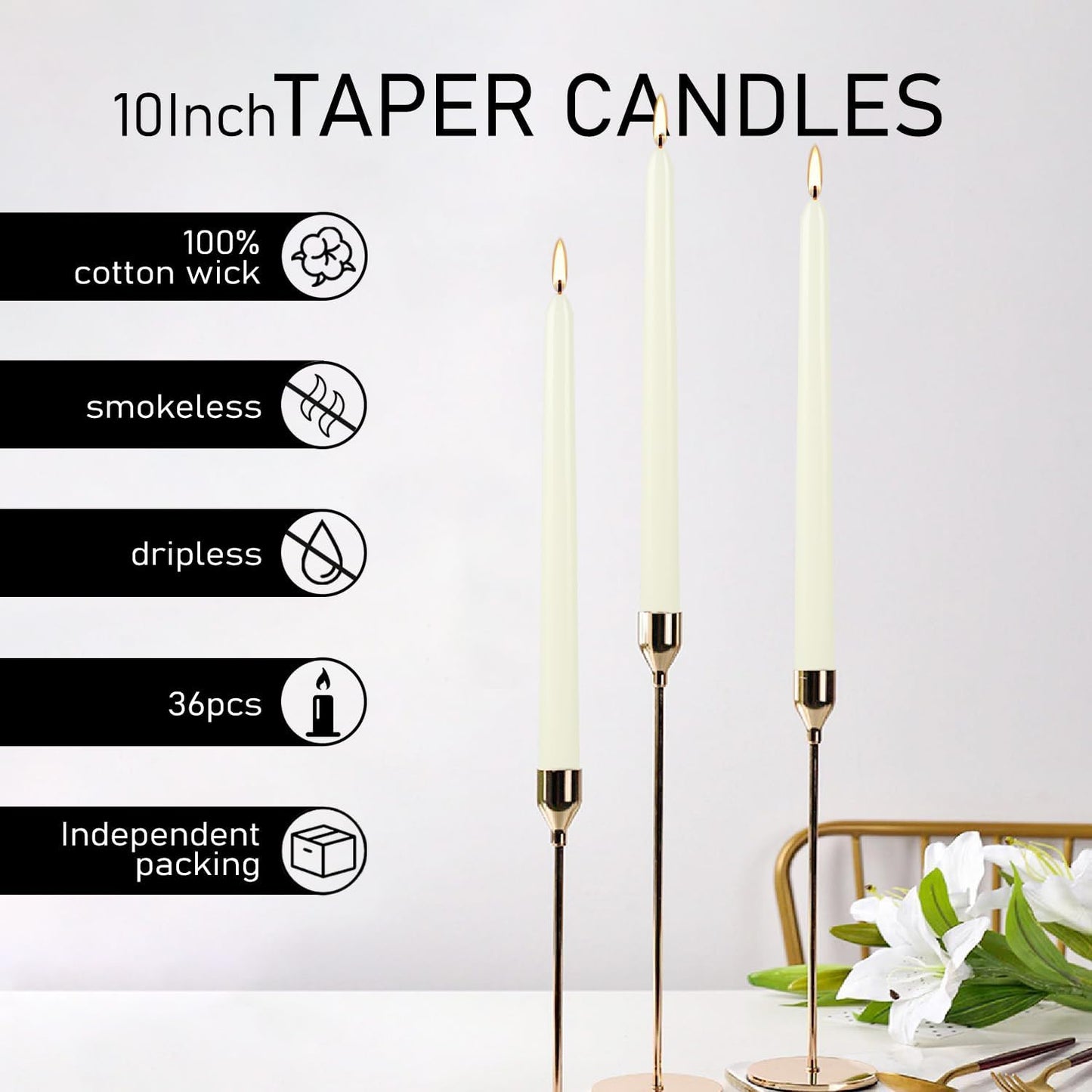 30-Pack 10-Color Taper Candles - 10 Inch Dripless & 10-Hour Burn｜Wedding/Birthday/Home Decor with Premium Wax