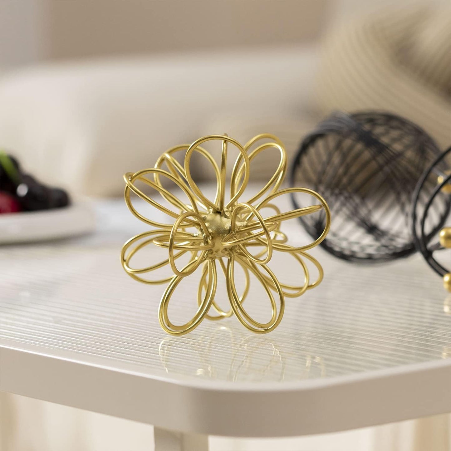 5.5" Gold Metal Geometric Sculpture, Modern Square Decorative Sphere, Small Tabletop Decoration Ball for Home Office Table Shelf Living Room Bedroom Desk Decor