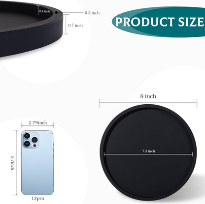 Silicone Bathroom Tray Round Vanity Tray Decorative Soap Holder Kitchen Countertop Organizer Coffee Table Decor for Candle, Perfume, Plant, 9 Inch, Black