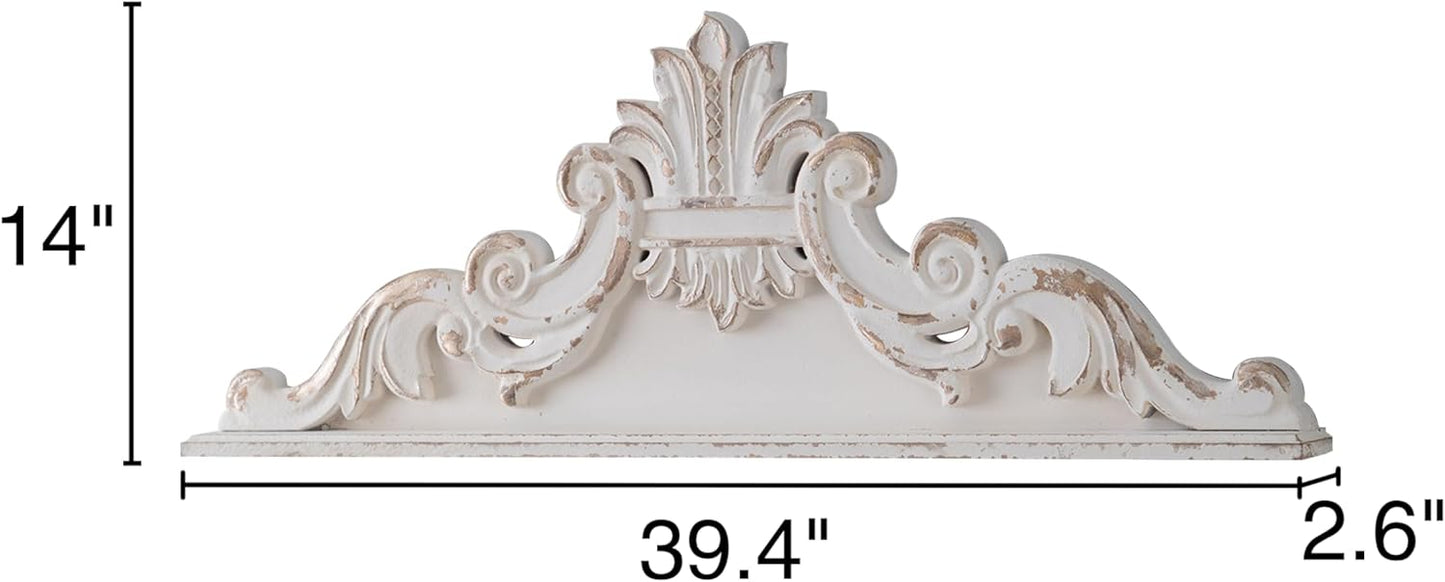 SOFE 39 inch Floral Carved Wall Sculptures French Country Wall Decor, Gorgeous Shabby Chic White Wood Wall Art, Arabesque Over The Door Decor for Farmhouse Living Room Bedroom Entryway Kitchen