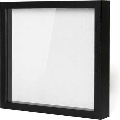 Muzilife 8x8 Shadow Box Picture Frame with Linen Board - Deep Wood & Glass Display Case Ready to Hang Memory Box Baby Sports Memorabilia, Pins, Awards, Medals, Wedding, Tickets and Photos (Black)