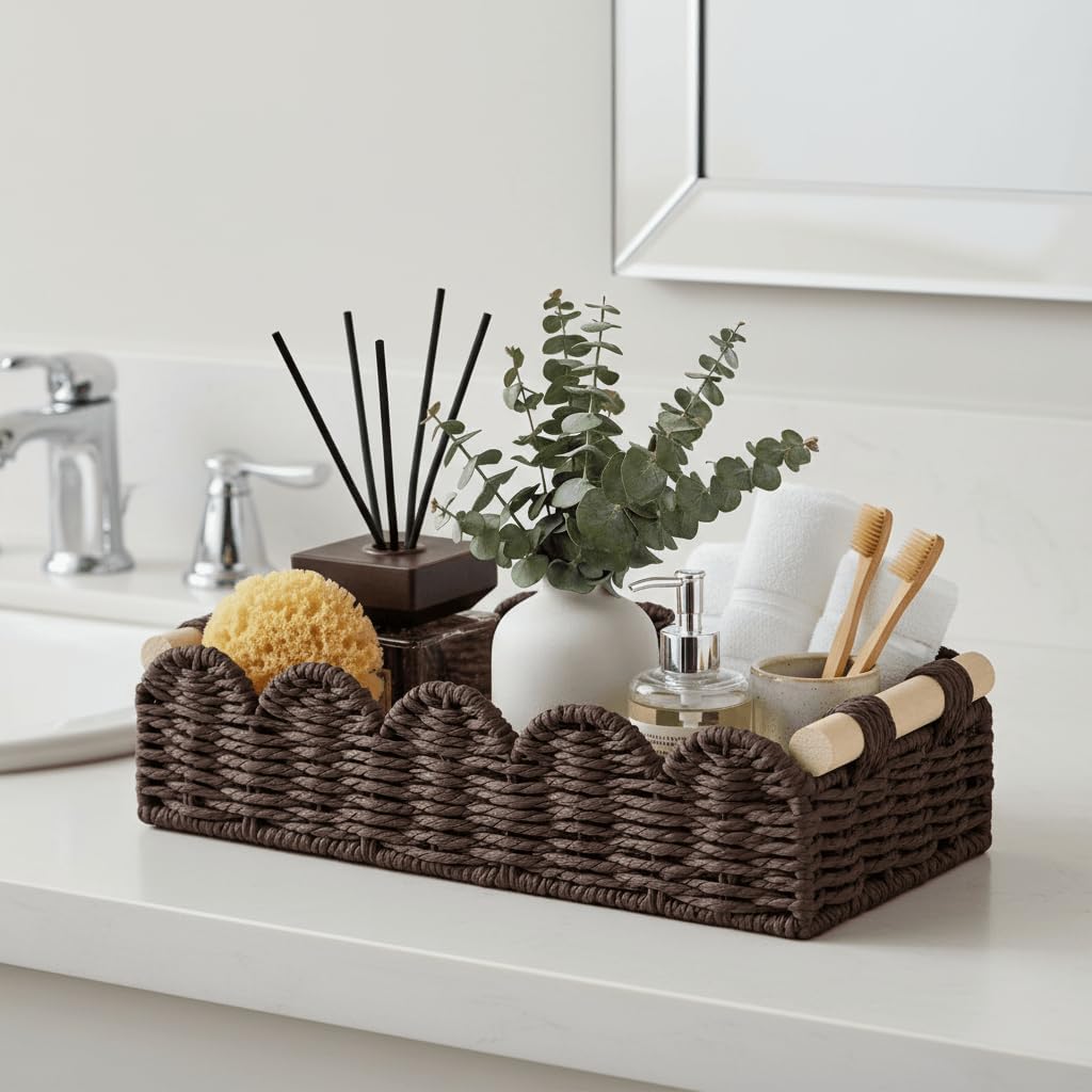 CubesLand Paper Rope Scalloped Edge Toilet Paper Storage Basket, Small Living Room, Bedroom Decor Baskets for Over Toilet Storage Shelf, End Table, Shelves and More, with 2 Wooden Handle, Neutral