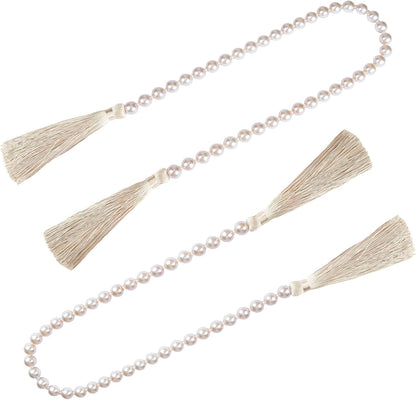 34 Inch Pearl Glass Bead Garland with Tassels - Elegant Boho Table Decor, Fringe Wall Hanging for Wedding, Party, Farmhouse Rustic Prayer Bead Home Decoration(1 Pack,Gold)