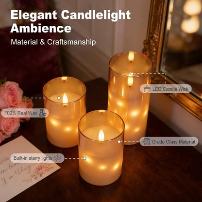 Rechargeable Flameless Glass Pillar Candles–Gifts for Women,–Set of 3, Realistic Flickering LED Light,Remote & Timer, Ideal for Living Room, Bedroom & Festival Wedding Home Party Decor