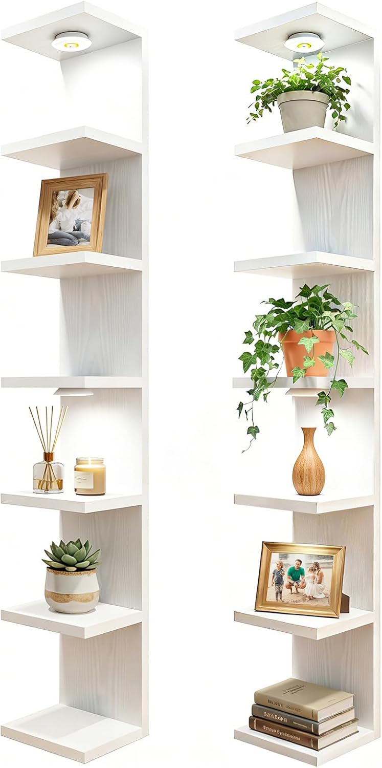 Fixwal Wall Decor 7 Tier Wall Shelf Unit Floating Shelves with LED Lights Lack Shelf for Home Organizer Display White