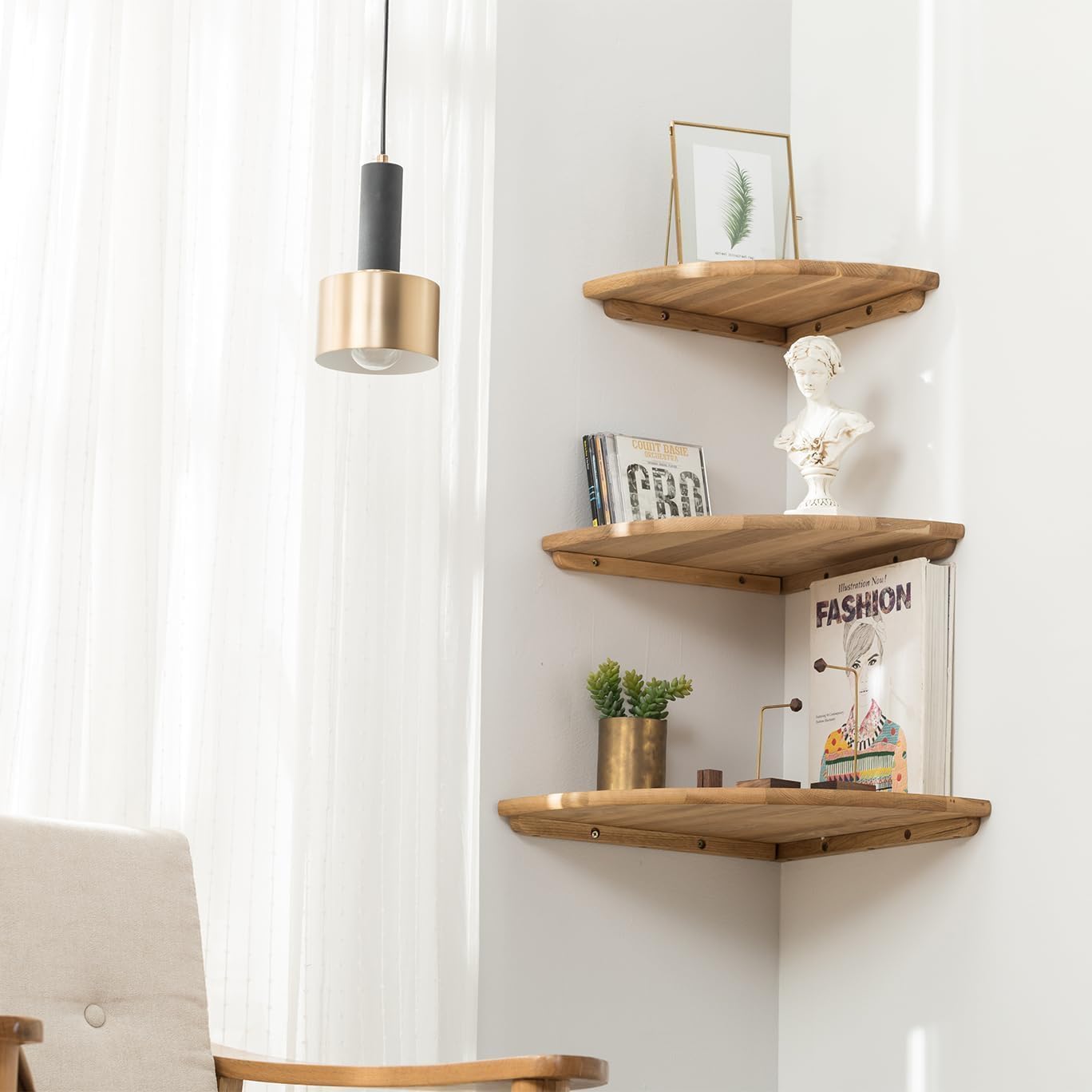 Corner Shelves, Floating Corner Shelf, Set of 2 7inch Solid Oak Wood Wall Shelves, Round End Wall Mount with Wire Hole Shelving for Small Plant for Bedroom Kitchen, Living Room
