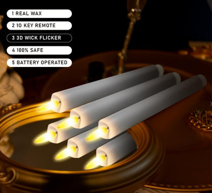 KSWING Upgraded Real Wax Short LED Flameless Taper Candles with Remote, 6 PCS White Candlesticks Battery Operated 3D Flickering - 6" Realistic Fake Candle Sticks for Home/Wedding/Fireplace Xmas Decor