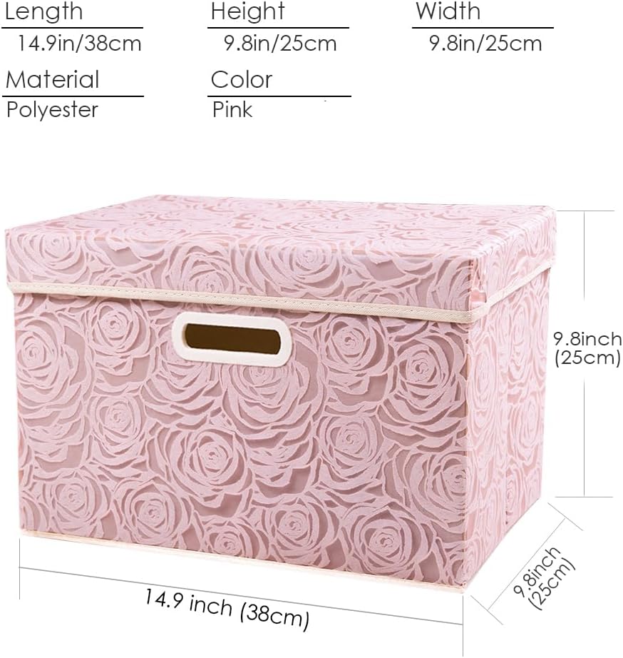 PRANDOM Larger Collapsible Storage Bin with Lid [1-Pack] Fabric Decorative Storage Box Cube Organizer Container Baskes with Handles Divider for Bedroom Closet Living Room Pink 17.7x11.8x11.8 Inch