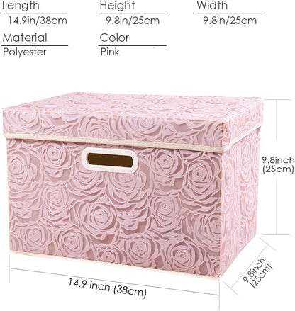 PRANDOM Larger Collapsible Storage Bin with Lid [1-Pack] Fabric Decorative Storage Box Cube Organizer Container Baskes with Handles Divider for Bedroom Closet Living Room Pink 17.7x11.8x11.8 Inch