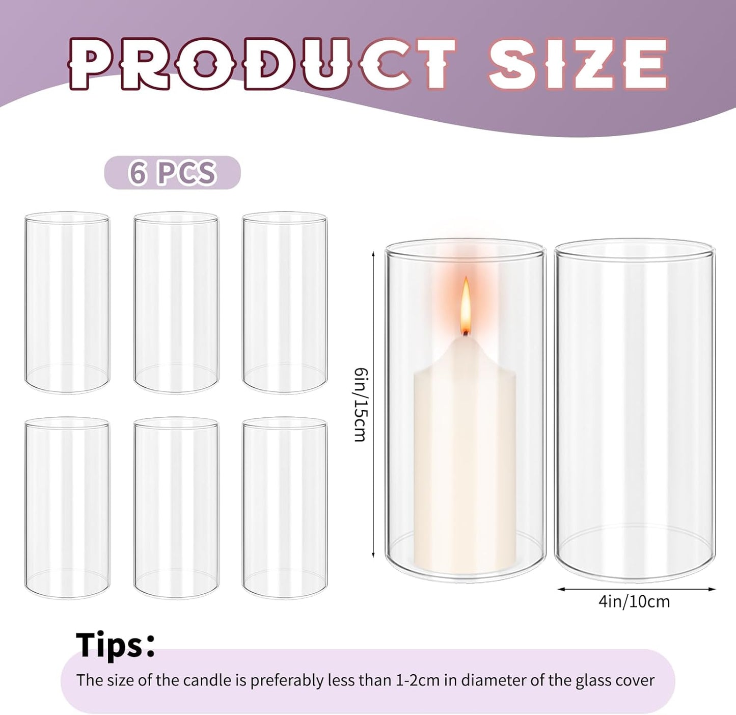 24 PCS Hurricane Candle Holder, 2.5" W x 14" H Open Ended Glass Candle Cylinder Sleeve, Clear Glass Cylinder Candle Holder, Open Flame Candle Chimney Tube Cover, Bottomless Cylindrical Glass