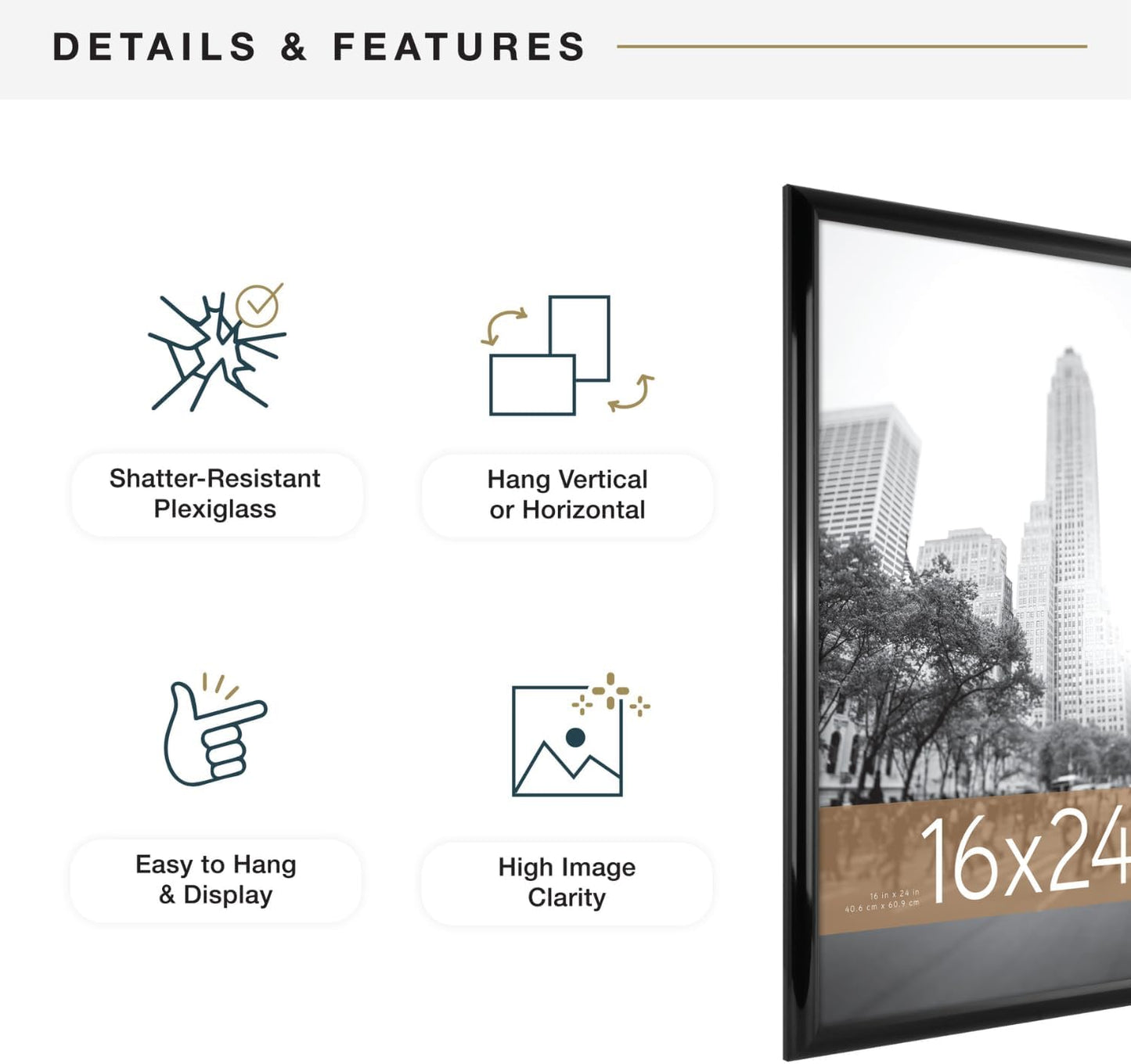 MCS Trendsetter 24x36 Poster Frame Black High-Gloss, Vertical & Horizontal Wall Hanging Large Picture Frame for Photos, Posters & Art Prints (1-Pack)