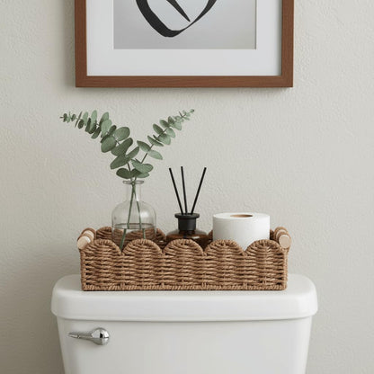 CubesLand Paper Rope Scalloped Edge Toilet Paper Storage Basket, Small Living Room, Bedroom Decor Baskets for Over Toilet Storage Shelf, End Table, Shelves and More, with 2 Wooden Handle, Neutral