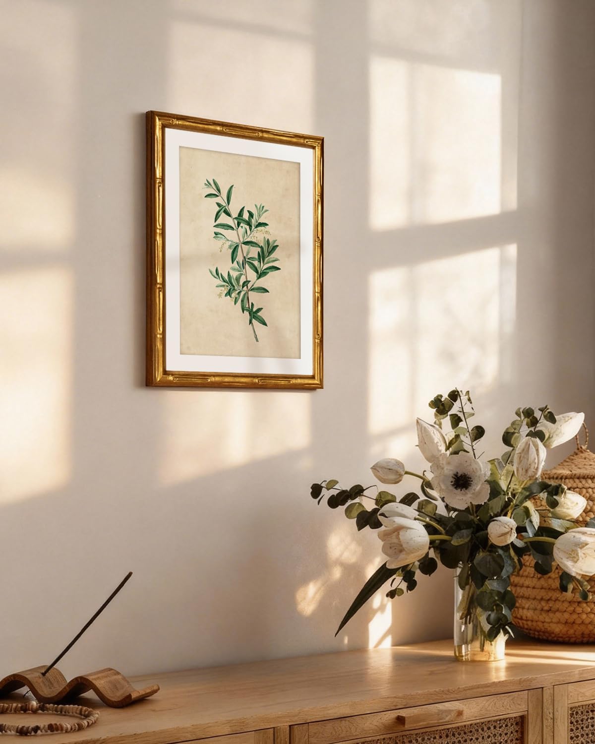 InSimSea Gold Bamboo Framed Canvas Wall Art, Retro Blue Hydrangea Botanical Prints, Antique Flowers Picture Frame with Mat, Victorian Home Wall Decor for Kitchen Living Room Bedroom, 11x14inch