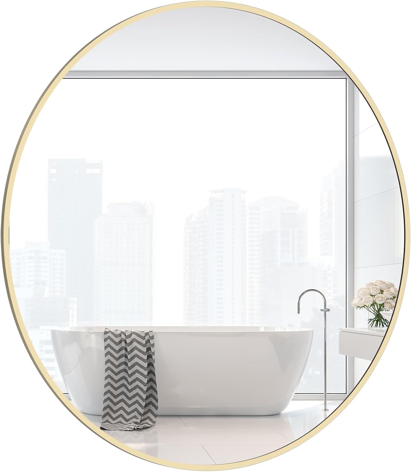 WallBeyond Wood Round Mirror with Wood Frame 24 inch Circle Wall Mirror for Bathroom Round Wall Mirror for Wall Decor, Vanity, Entryway Living Room (Walnut)